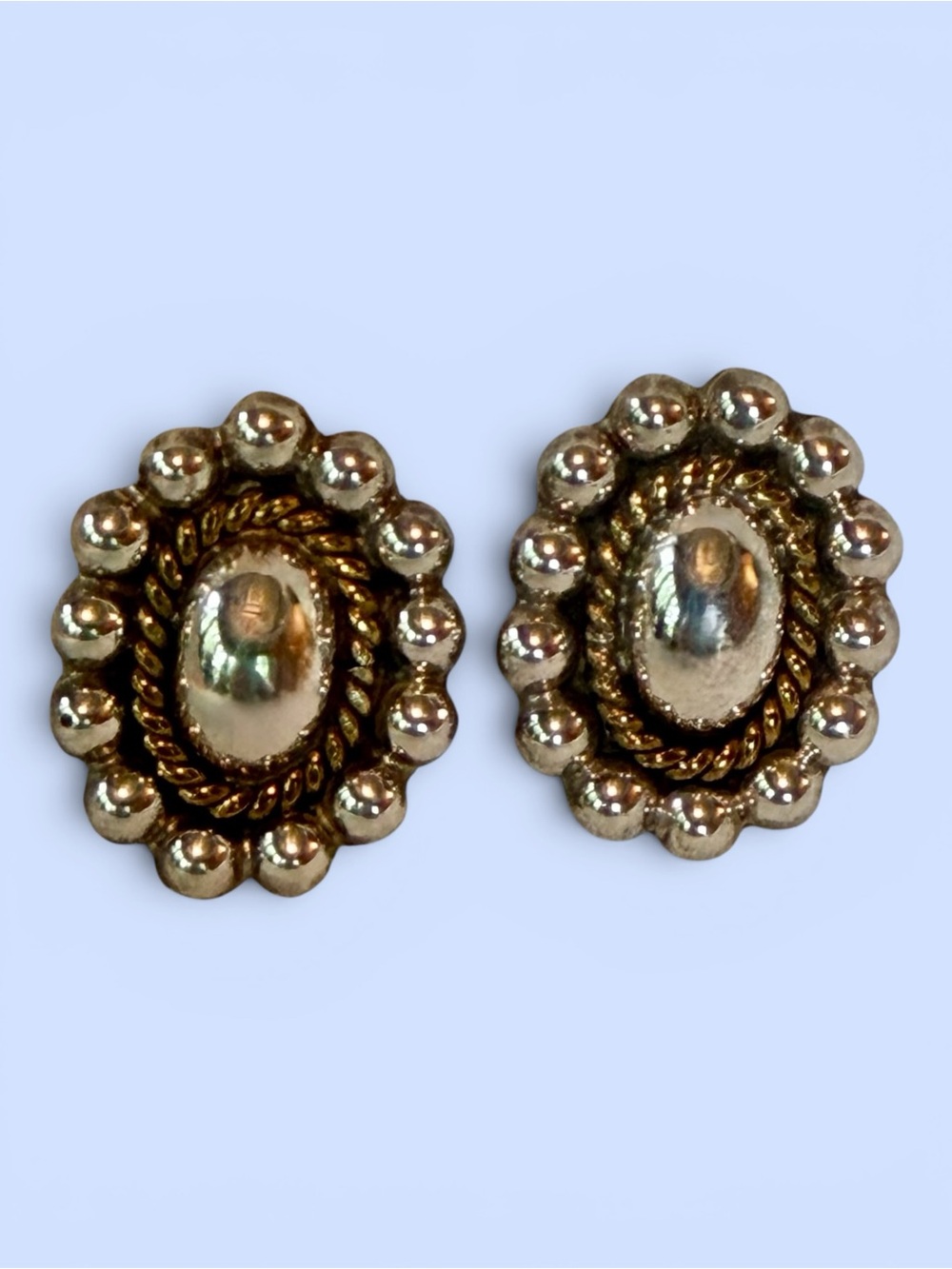 VTG Taxco .925 Sterling Silver Earrings Domed Beaded Rope Accent Signed